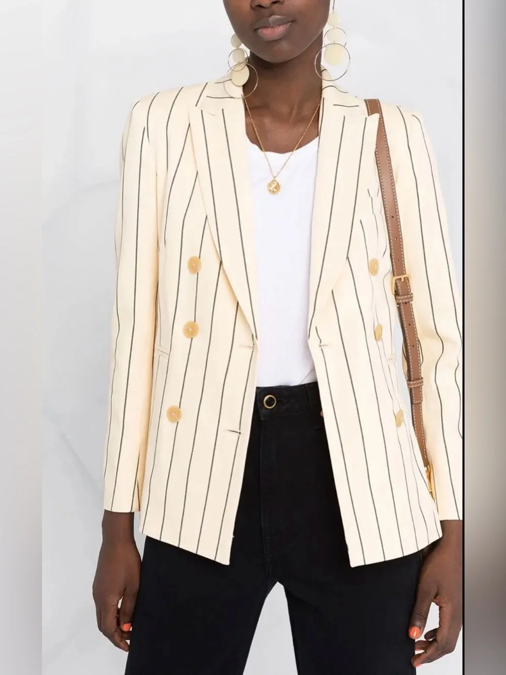 Tory Burch Cream Pinstripe Double-Breasted Blazer